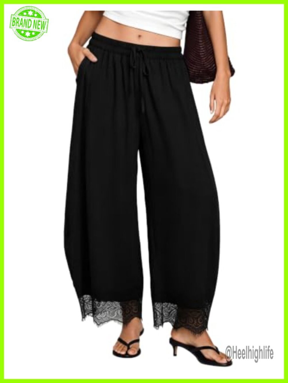 Lace Trim Cropped Wide Leg Drawstring Waist Summer Beach Pants